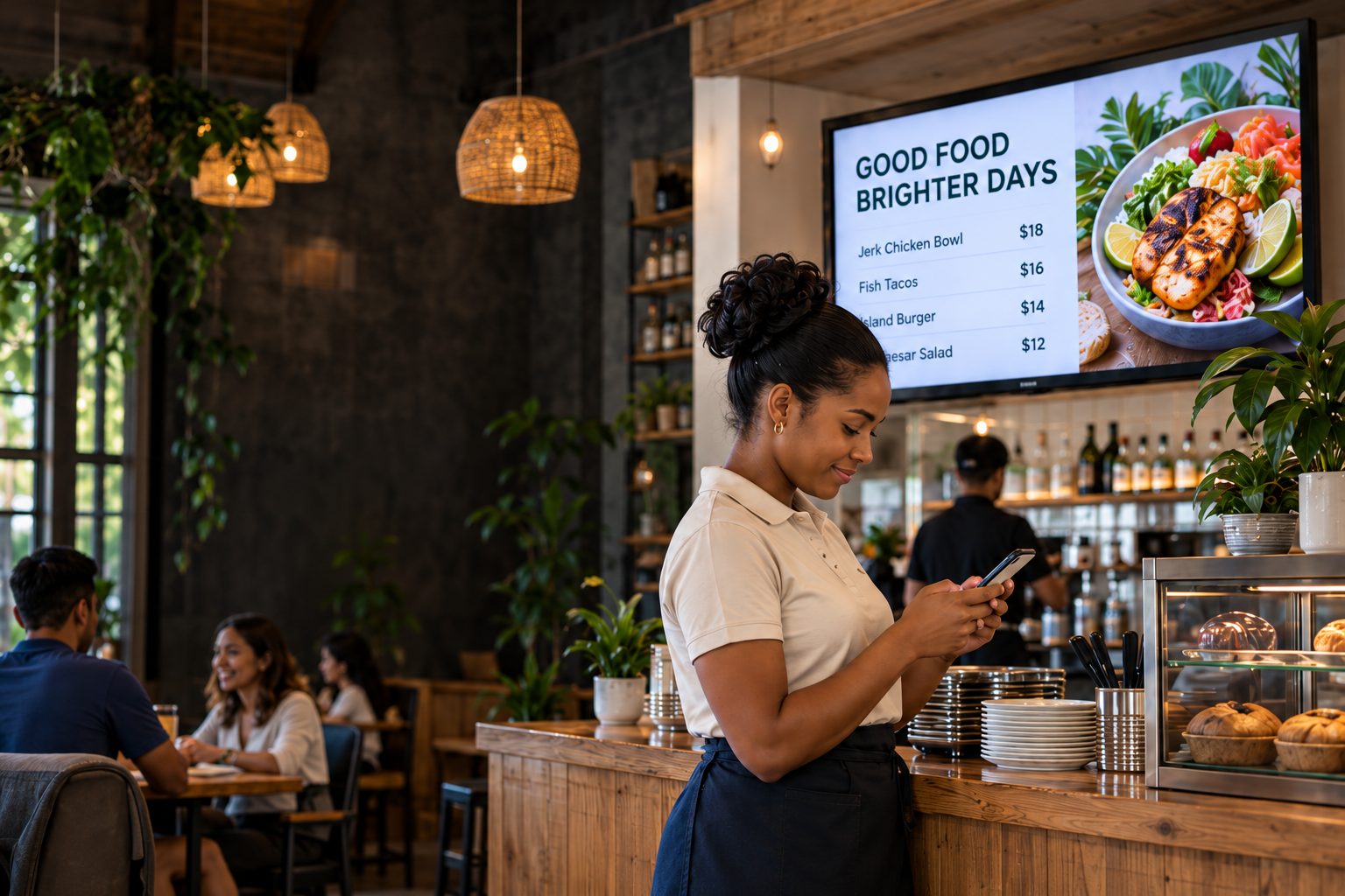 A café worker updating the menu on the TV behind her from her phone