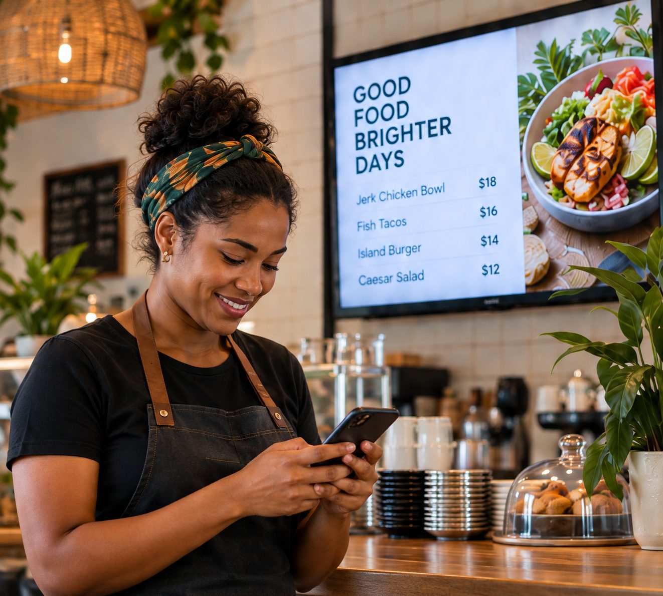 A café worker updating the menu on the TV behind her from her phone