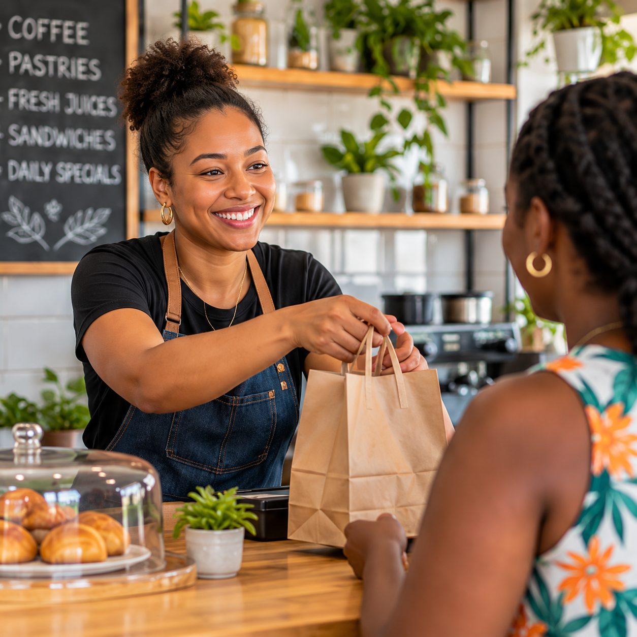 A café worker handing a customer a paper bag at the counter