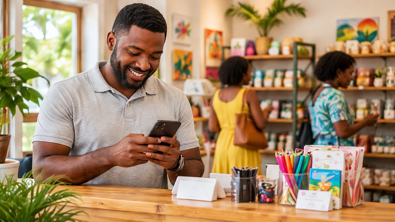 A shop owner at his counter updating his screens from his phone