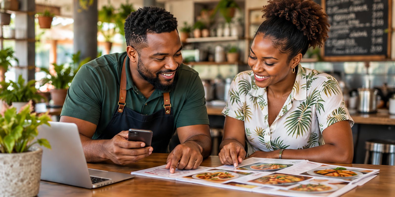 Two café owners planning their menu with a laptop and printed menus